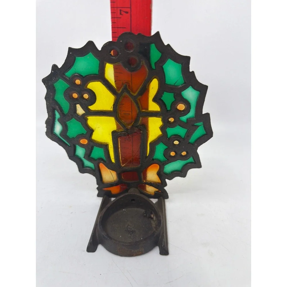 Unbranded Candle Holder Unisex OS Multicolor‎  Stained Glass Holly Wreath AS/IS